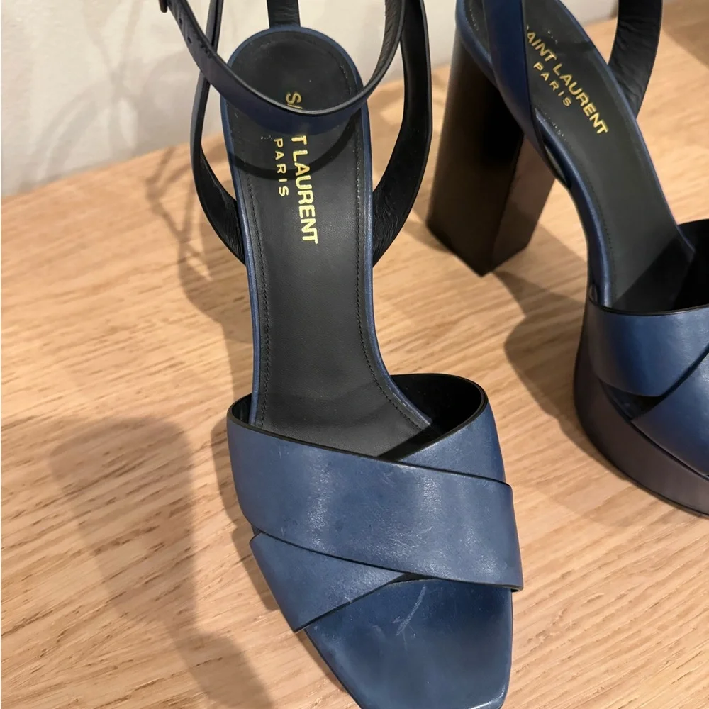Saint Laurent Blue Leather Crisscross Block Heel Sandals - Picture 3 of 15